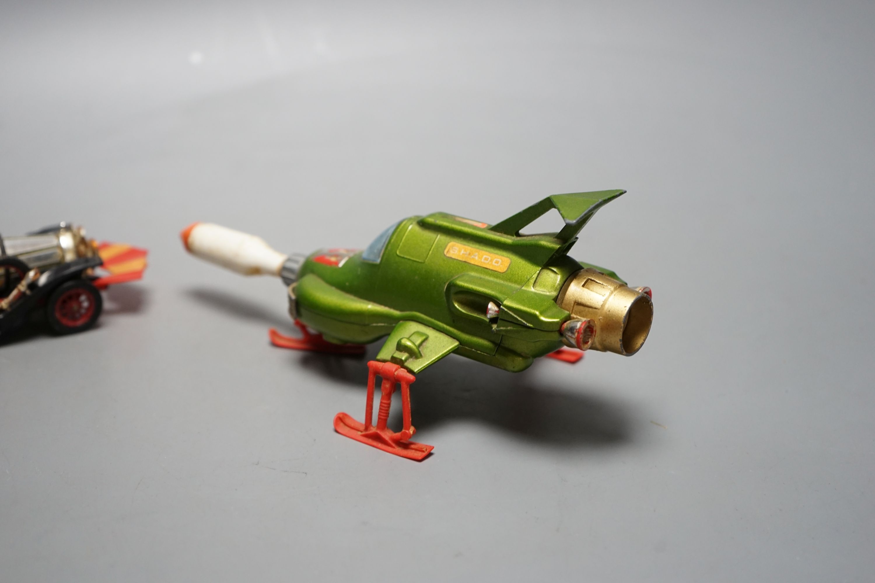 Vintage Dinky Toy “Chitty Chitty Bang Bang” with figures and “UFO Interceptor”, 19.5 cms long.